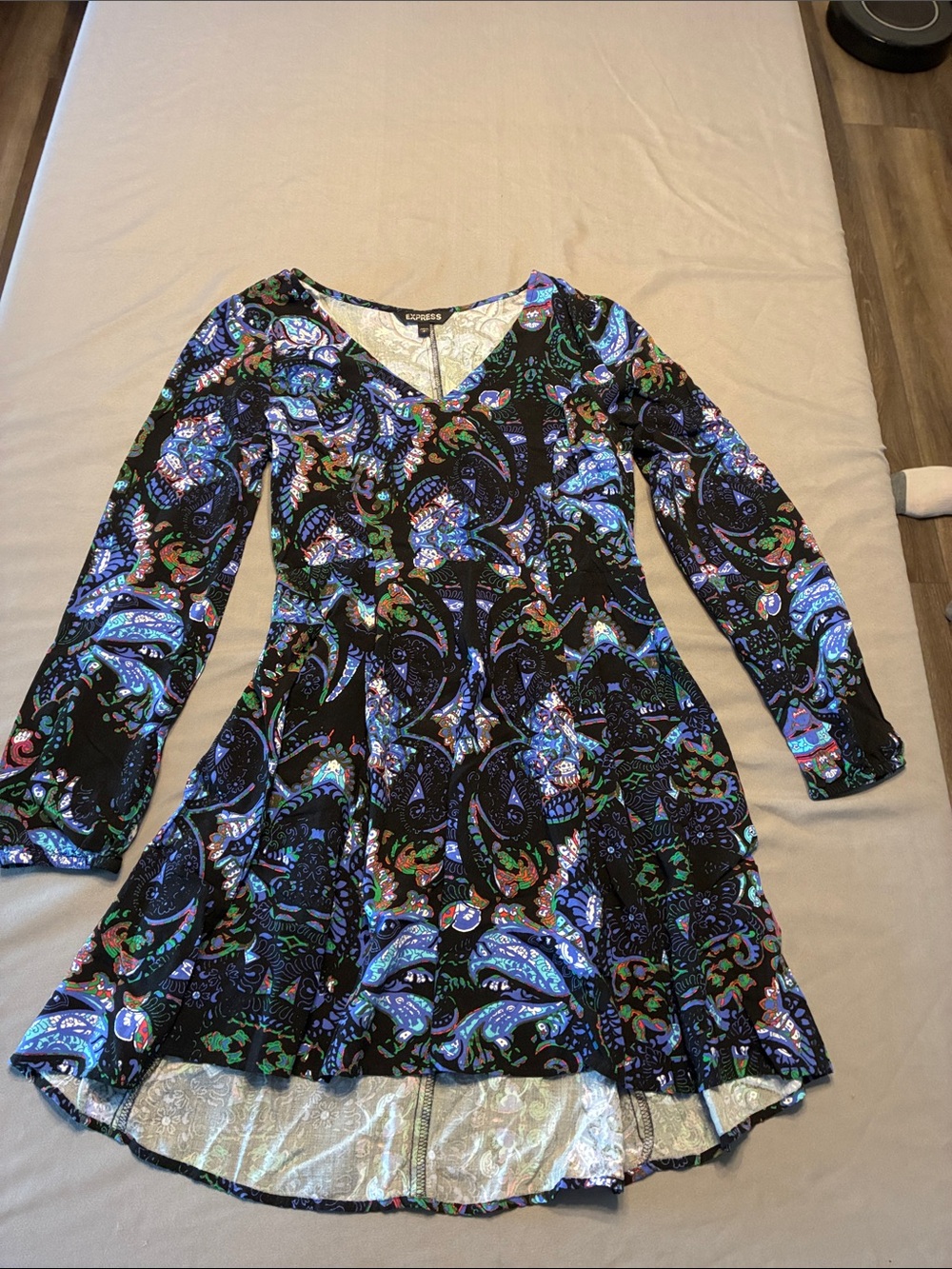 Express Black Paisley-Print Long-Sleeve Fit-and-Flare Dress